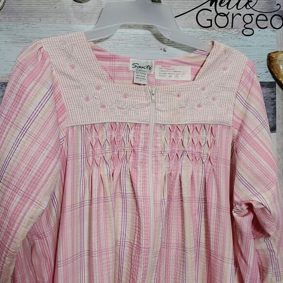 Sante Sz M Pink Plaid Embroidered Zip Front Robe Dress 100% Cotton Loungewear - Picture 3 of 8